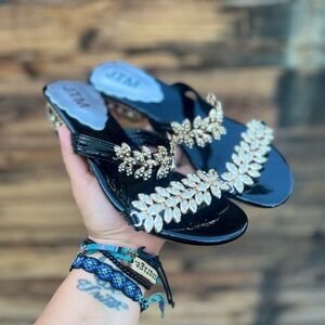 JTM | Gold Embellished Rhinestones Black Strappy Heels 38 7
